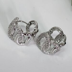 White Gold Huggie Chain Hoop Earrings Micro Pave CZ Stones